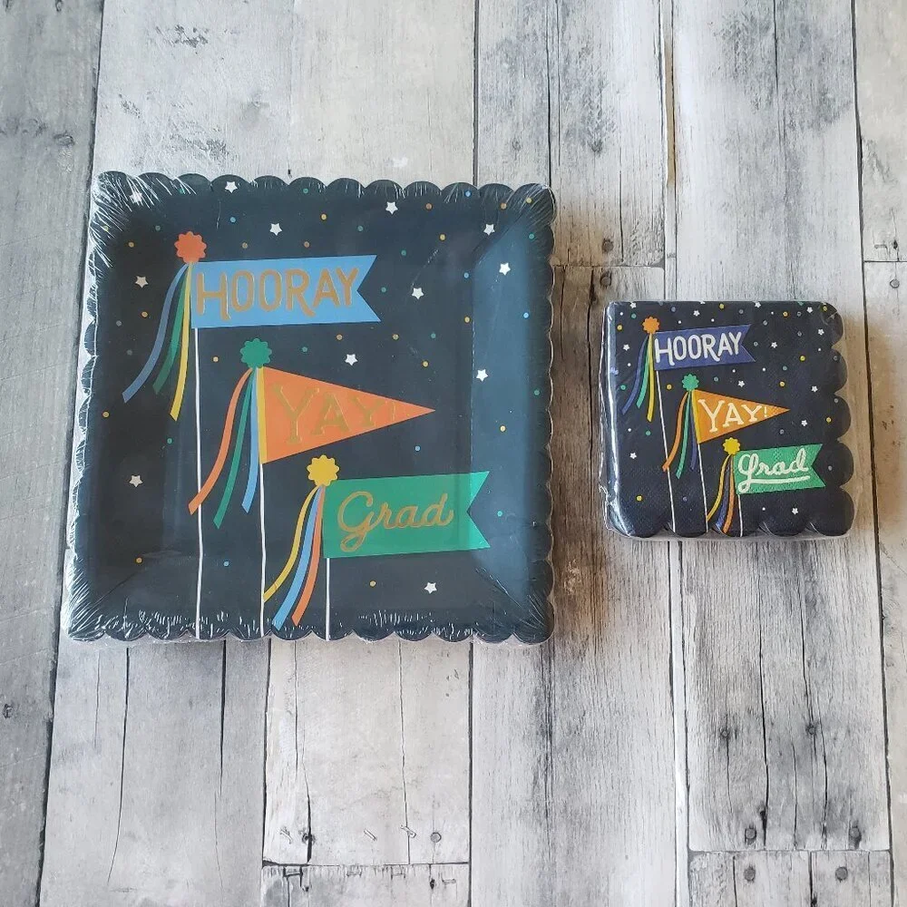 NWT - Hooray Yay Grad Graduation Dark Blue Paper Plates (12) & Napkins Set of 32
